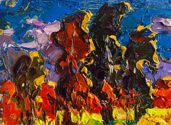 Image 1 of Original Oil Painting Autumn Nature Landscape The sun sets in the field
