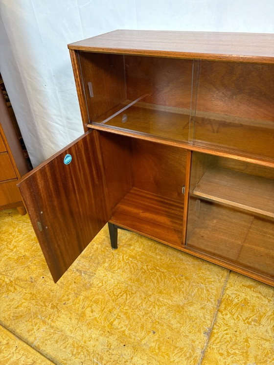 Image 1 of Mid-Century Retro Vintage Teak Sideboard / Bookcase / Display Cabinet by Nathan Furniture 1960s  Sliding Glass Doors • Bureau Fl