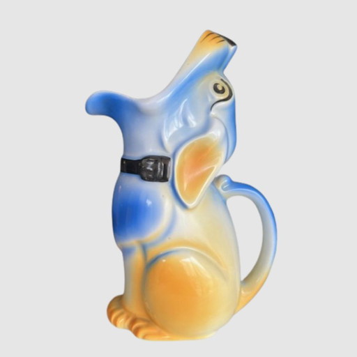 Blue-Yellow Art Deco Dog Pitcher – Mosa Maastricht Jug – 1920s Dutch Ceramic Vase-Jug