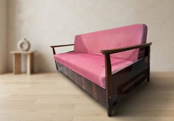 Bordeauxrode opklapbare slaapbank van Edmund Homa, mid-century modern, jaren 60, Tsjechoslowakije, 200 × 88 (photo 7 of 13)
