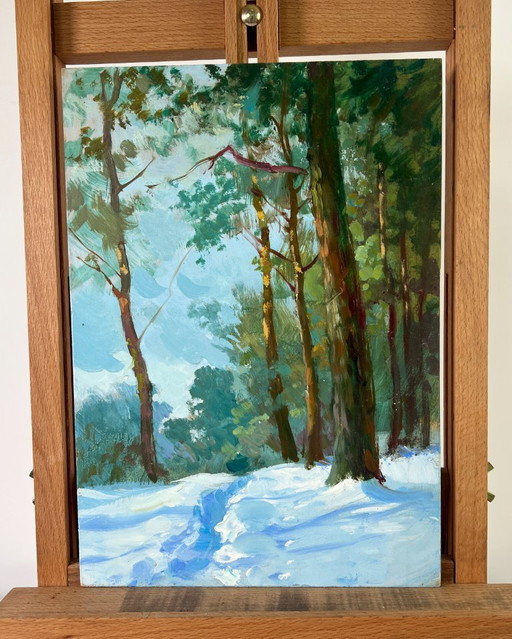 Pintura al óleo original Paisaje de árboles nevados Silencio invernal del bosque