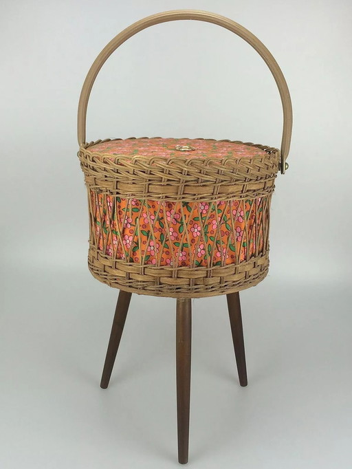 Boîte à couture des années 70 Panier à couture Utensilio Bois tressé Space Age Mid Century Design