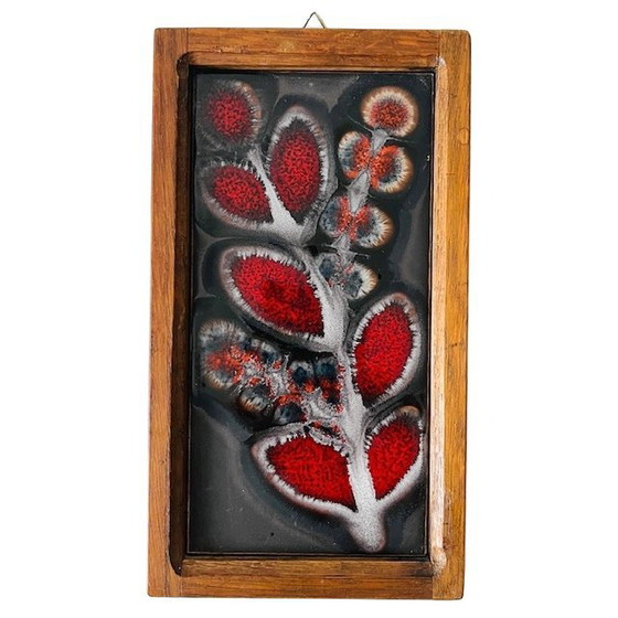 Image 1 of Framed West Germany wall plaque flowers ceramic teak West Germany 1960s