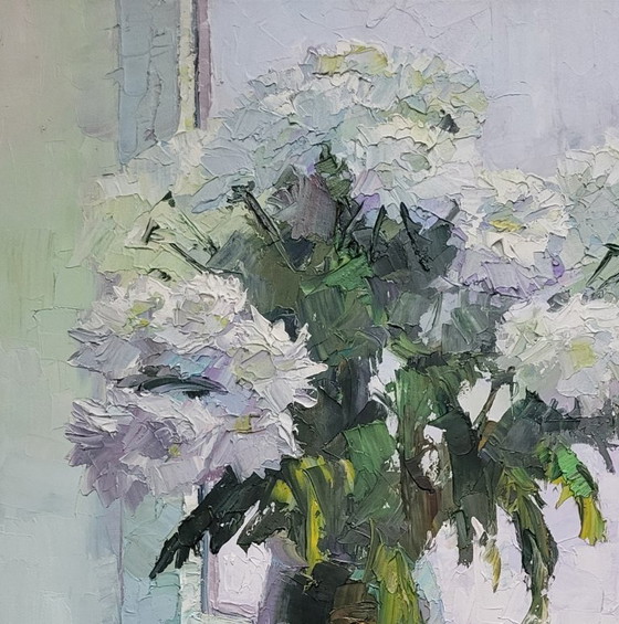 Original Oil Painting Still Life Chrysanthemums Flowers on the Window – Paintings & Drawings, Canvas (photo 4 of 7)