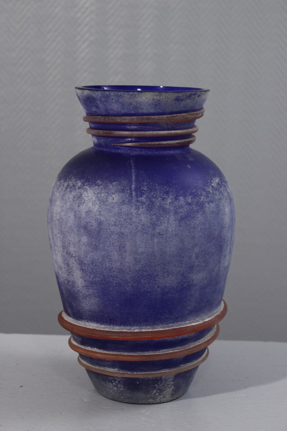 Image 1 of Large Vintage Vase Murano Glass Scavo Technique Post-Modern Design 1980s
