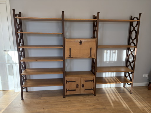 Oak with steel uprights cheese cabinet brutalist bookcase
