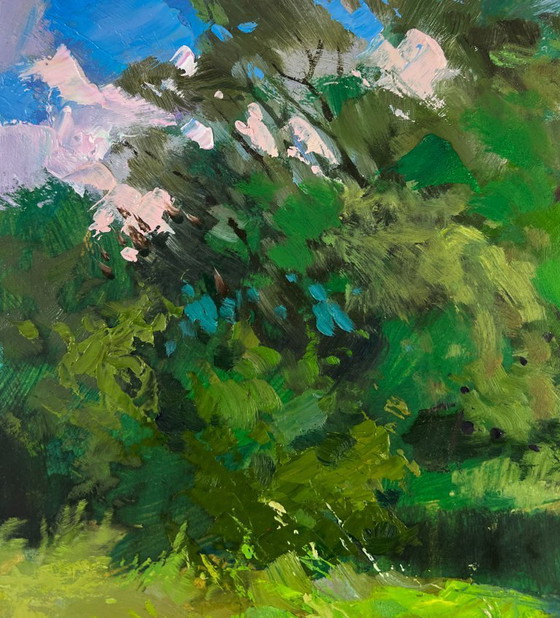 Image 1 of Original Oil Painting Summer River Landscape A girl washes herself at a pond