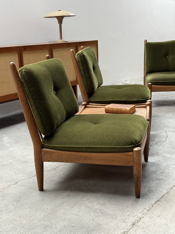 Image 1 of Set of 3 Wilhelm Knoll armchairs solid oak wood cord velvet dark green, Germany 1960s