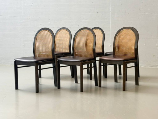 Set van 6 stoelen met rieten en lederen zittingen van Dietiker, jaren 80.