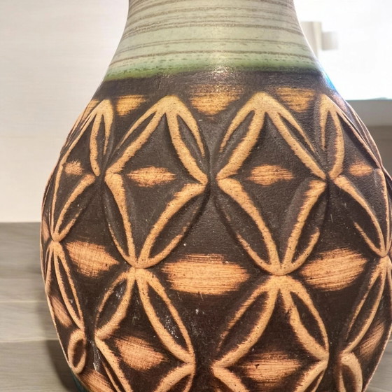 Scheurich Vase, hergestellt in Deutschland in den 1970er Jahren, Braun/Grün mit Rautenmuster, sehr guter (photo 3 of 6)