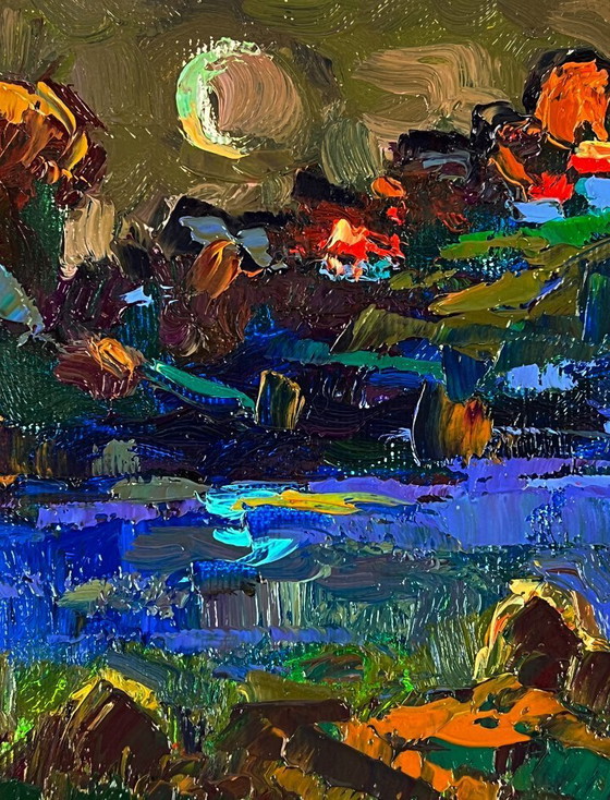 Image 1 of Peinture à l'huile originale, paysage rural, rivière, givre du soir dans les champs