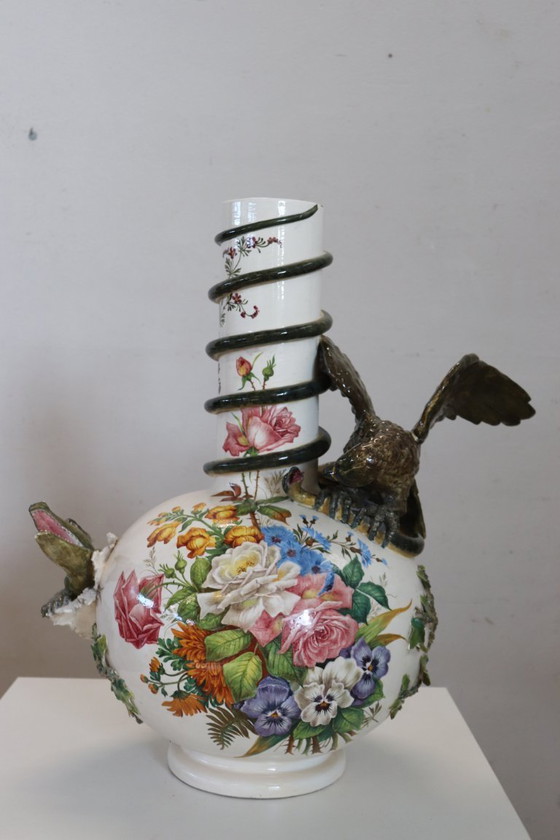 Image 1 of Majestic Ceramic Vase with Eagle and Crocodile, Italy Early 20th Century