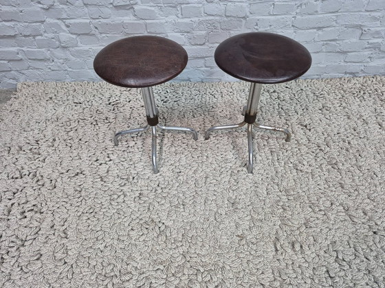 Image 1 of Set of Two Vintage Design Low Bar Stools, Tubular Steel, Brown Leatherette. The Netherlands, 1960s