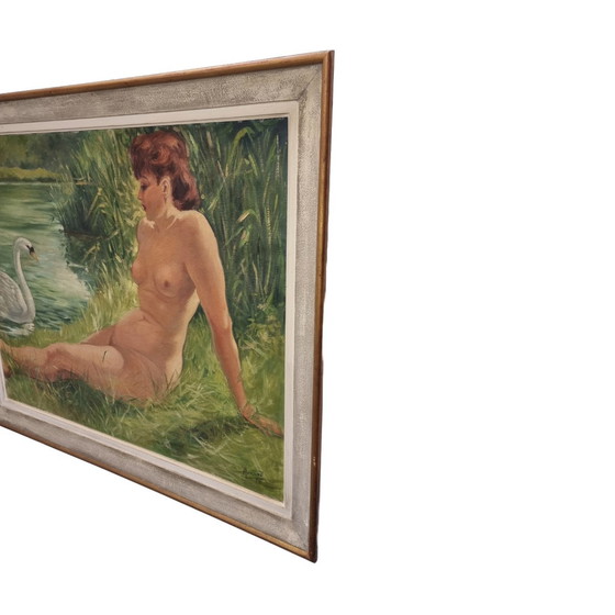 Image 1 of Peinture ancienne de Lena et le cygne datant de 1956