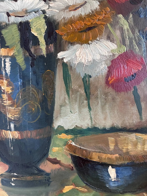 Vintage original floral oil painting with wildflowers in blue vase – Paintings & Drawings, Wood, Canvas (photo 12 of 17)