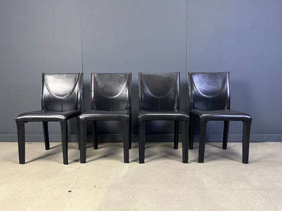 Image 1 of Black leather dining chairs by Arper italy, 1980s - set of 4