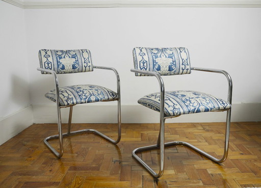 Bauhaus Cantilever Chairs, Portuguese Blue and White Tile Azulejo Upholstery Dining Chairs, Chromed Steel Frame Seating Set of 2
