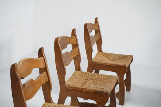 Image 1 of Set di 10 sedie brutaliste "Razor" in rovere con seduta in giunco, Paesi Bassi, anni '70
