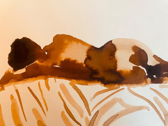 Image 1 of Aquarelle monochrome couleur tabac portrait féminin « sieste au Kenya »