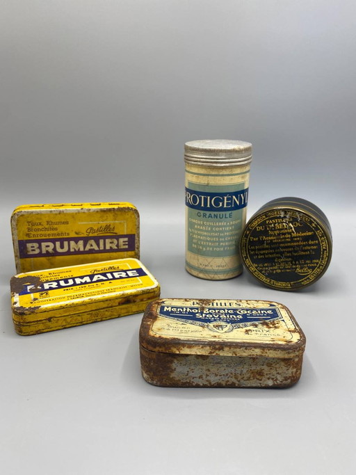 5 old pharmaceutical boxes and bottles – Brumaire, Belloc, Stovaïne, Protigényl – France, – decoratieve objecten, Aluminium