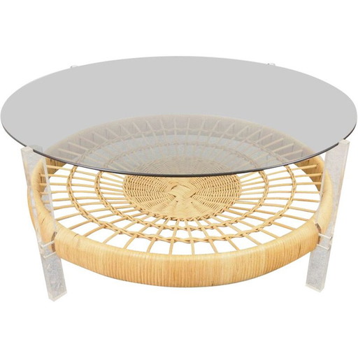 Tavolino da caffè rotondo vintage con vetro fumé e rattan con supporti in lucite