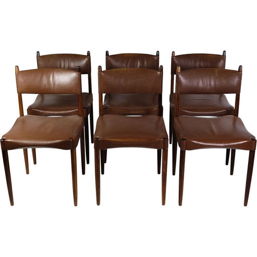 Conjunto de 6 sillas danesas vintage de palisandro macizo y cuero marrón, años 60