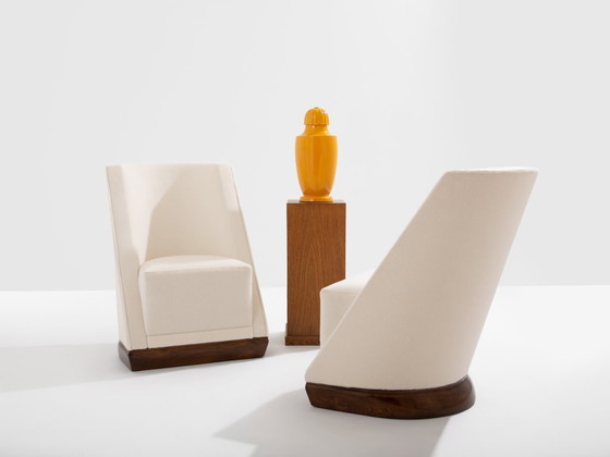 Image 1 of Louis Sognot paar modernistische fauteuils walnoot wit alpaca 1927