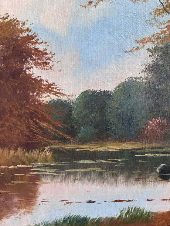 Image 1 of Peinture à l'huile originale vintage représentant un paysage, signée, œuvre d'art de ferme