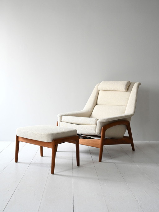 Chaise longue scandinave en teck des années 1950/60 avec ottoman