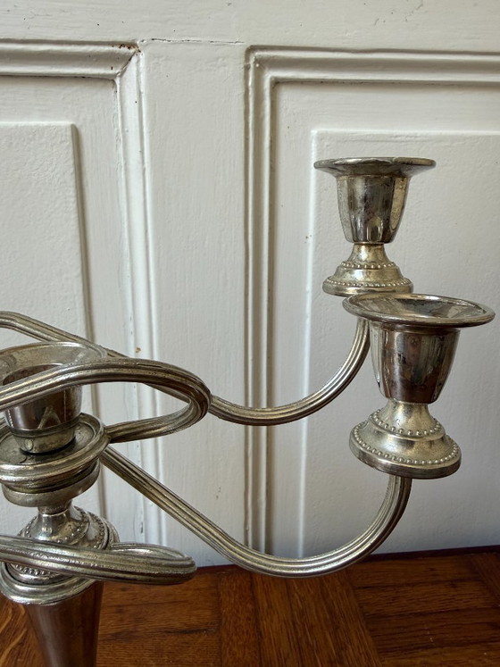 Image 1 of Lámpara de araña de metal plateado, fabricada en Inglaterra, 4 brazos, 5 orificios