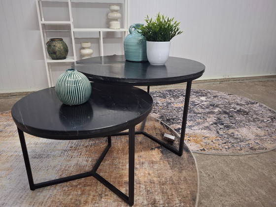 Image 1 of Ensemble de table basse chic avec plateau en marbre véritable et piètement en métal