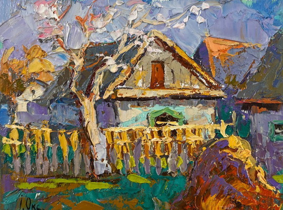 Image 1 of Original Oil Painting Colorful Village Landscape Early spring has arrived