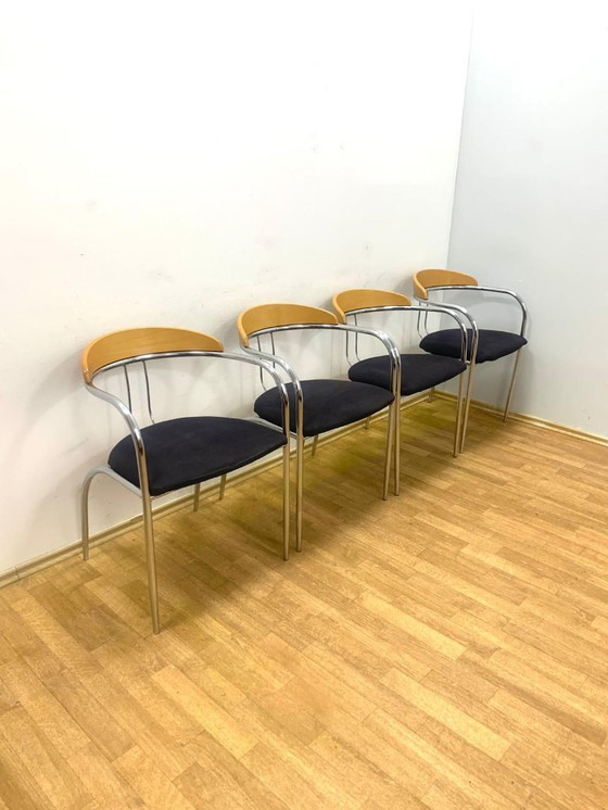 Image 1 of Set of 4 Chrome and Wood Chairs, Italy, 1980s