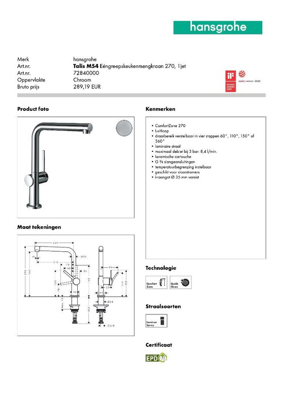 Image 1 of Hansgrohe Talis M54 single-lever kitchen mixer tap 270 (in chrome)