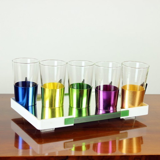 Image 1 of Set Of Colorful Drinking Glasses With A Tray, Czechoslovakia 1960s