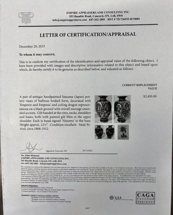 Image 1 of Coppia di vasi Satsuma del periodo Meiji firmati Niiyama da 33 cm, con perizia ufficiale.