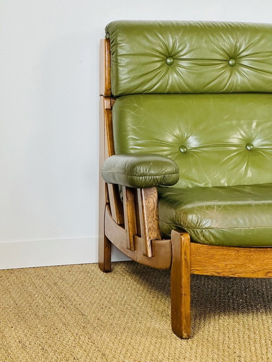 Image 1 of Scandinavian sofa in green leather and oak, 1960, Set of 3