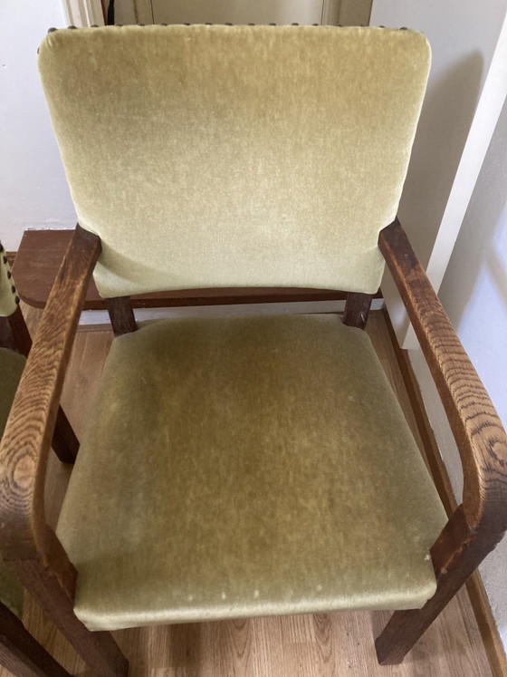 Image 1 of Zes eiken eetkamer stoelen met velours 