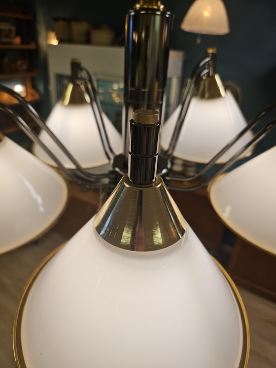 Image 1 of Vintage Hanging Lamp Milk Glass Brass Lamp