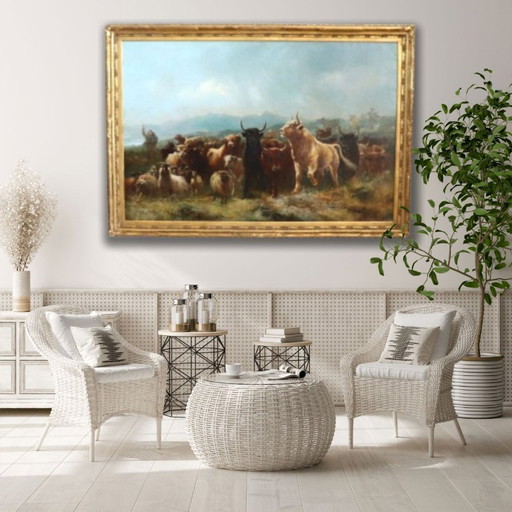 Large Oil Painting on Canvas, Herd of Cattle, Signed Watson W. 19th Century
