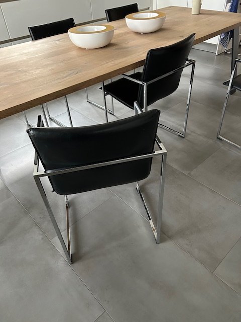 6 Arco Frame Chairs Black Leather With Armrests And Oak Table 280 x 100