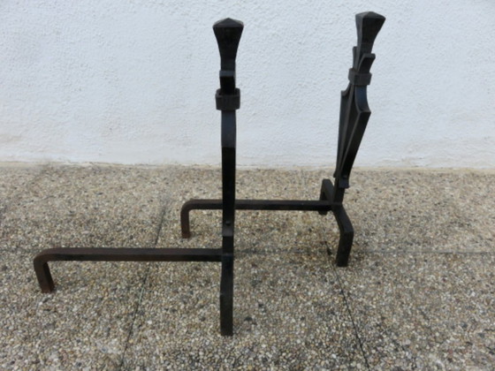 Image 1 of Hammered wrought iron andirons, French work in the style of Subes and Poillerat, 1940s-1950s