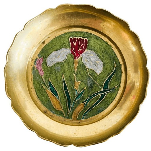 Vintage messing sierbordje bloem schaaltje cloisonne emaille 1980's