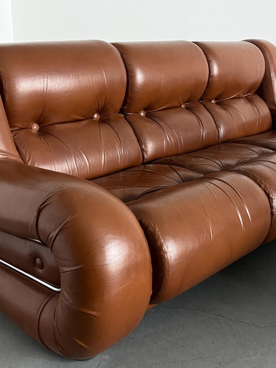 Image 1 of Ensemble de salon italien Space Age dans le style de Mimo Padova, cuir cognac et chrome, Italie des années 1970