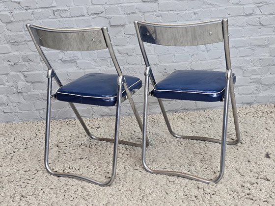 Image 1 of Mid-Century Design First Edition Patented Deep Blue Dico Folding Chairs, Set of 2, Netherlands, 1940s