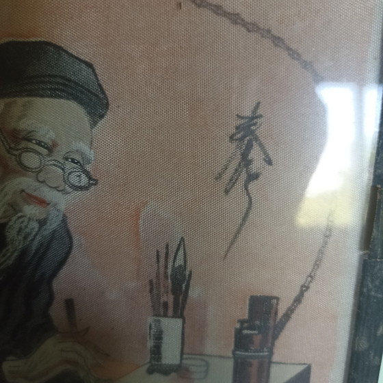 Image 1 of Antiek Vietnamees portret op zijde & hout (jaren 50) – Uniek mid-century