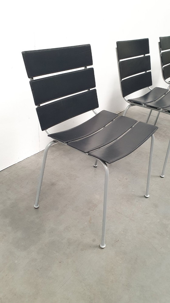 Image 1 of 4x Giancarlo Vegni Fasem Italia Stripe Zadelleer Vintage Stoelen Design