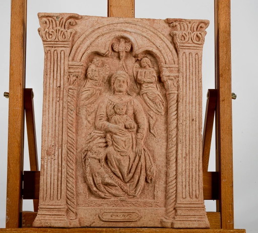 Terrakotta-Plakette mit heiliger Szene: Madonna mit Kind - Handgefertigt