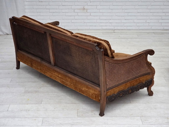 Image 1 of 1930-35s, Danish 3-seater sofa, furniture velour, furniture mesh, carved ash wood.