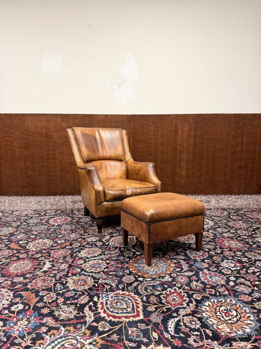 Ensemble Fauteuil et Pouf Classique Anglais en Cuir de Mouton